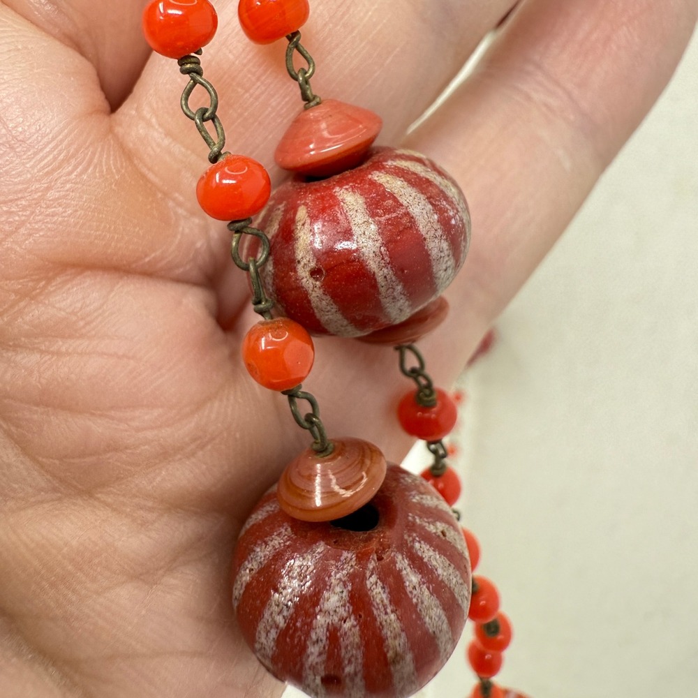 Art Deco Red Glass Bead‎ Flapper Necklace Striped Barrel Lampwork Boho Statement - Picture 4 of 7